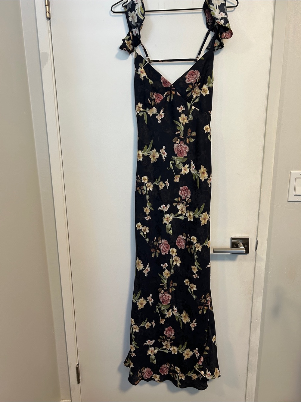 Black Floral Maxi Slip Dress with Rose Print